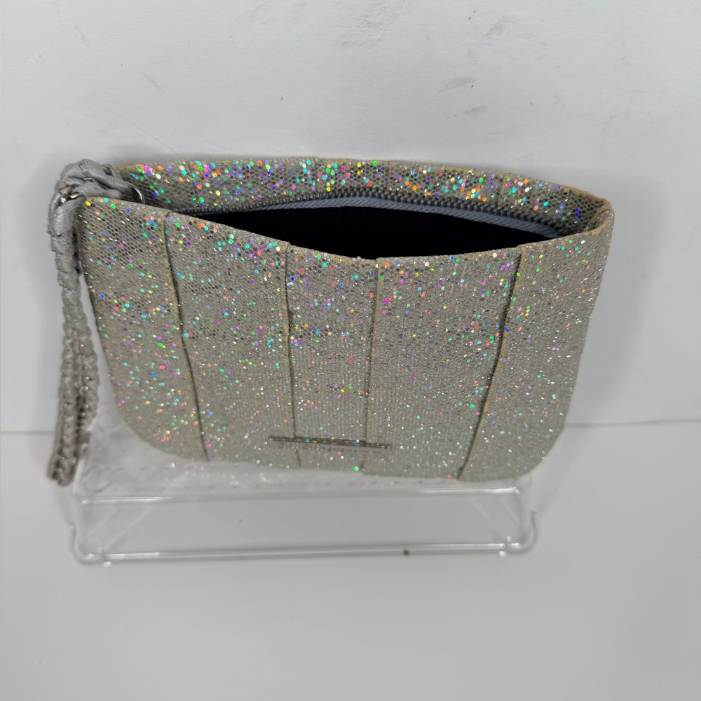 BCBG Generation Glitter Pleated Clutch Wristlet Silver‎ Sparkle Evening Bag